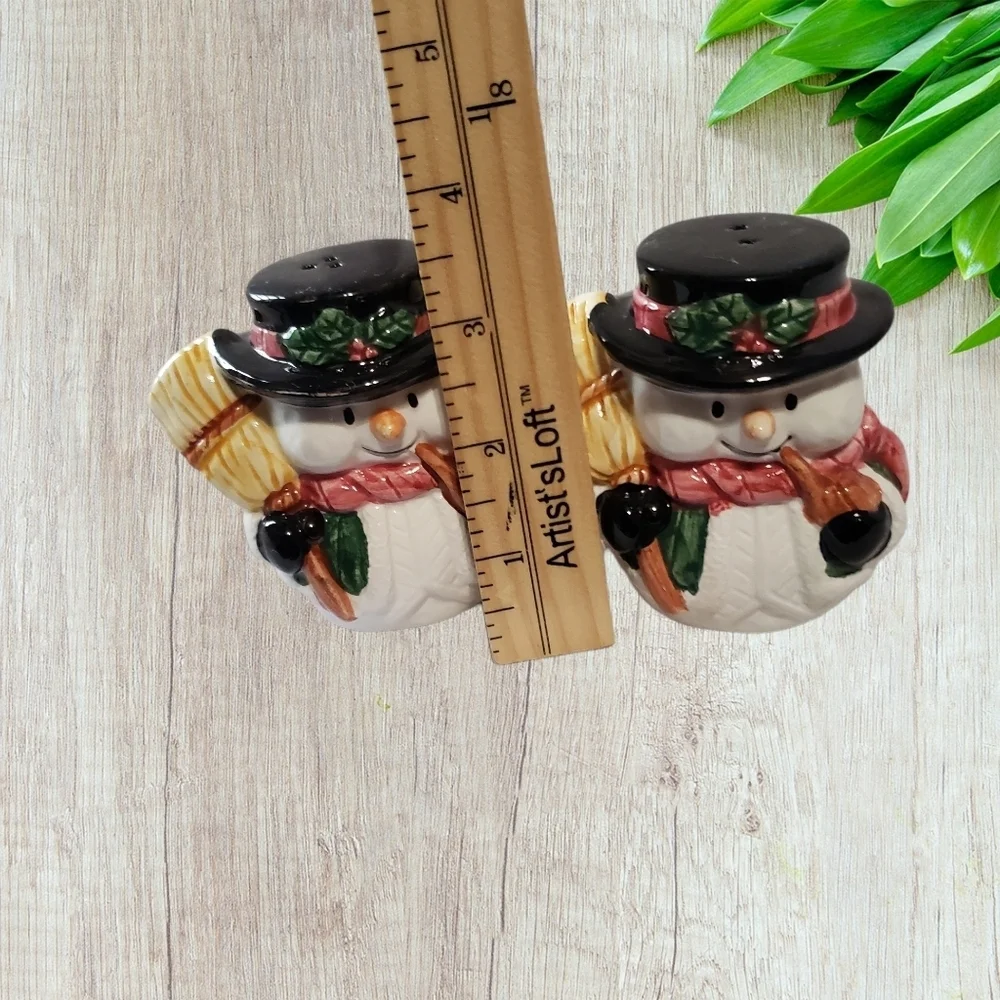 Vintage christmas holiday snowmen with broom salt & pepper shakers 